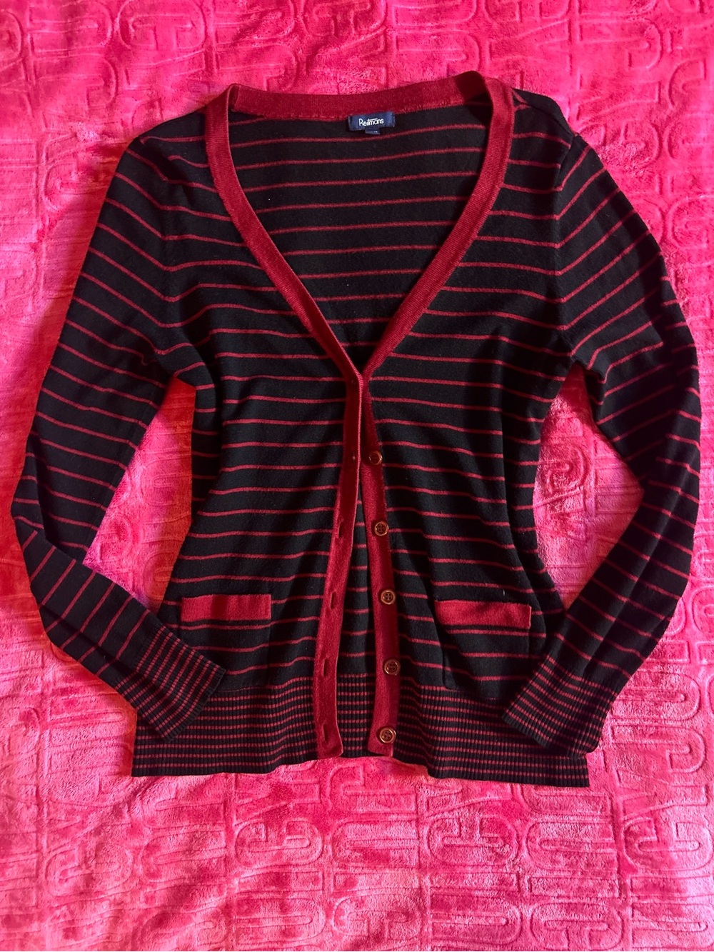 ‘Reitmans’ Red and Black Striped Cardigan